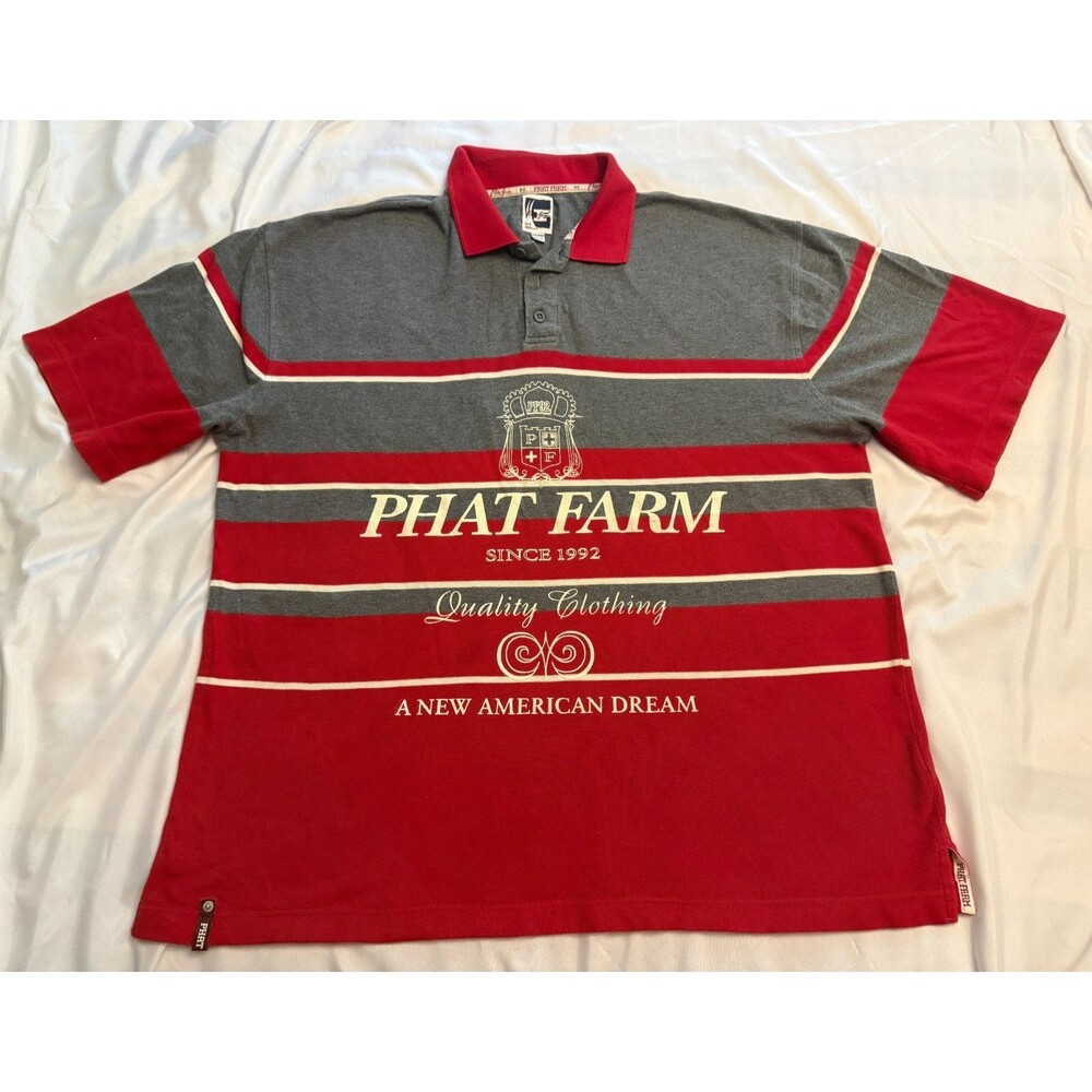 Vintage Y2K Phat Farm Polo Shirt 3XL Red Gray Striped Logo Graphic Mens - Picture 1 of 16